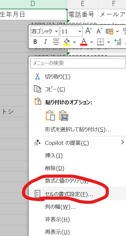 セルの書式設定を開く